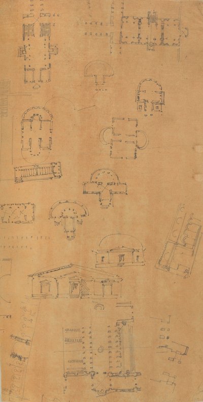 Seite aus einem Sammelalbum mit Zeichnungen und mehreren Architekturabdrücken, ca. 1800-1850. Schöpfer: Werkstatt von Charles Percier, Werkstatt von Pierre François Léonard Fontaine von Workshop of Charles Percier, Workshop of Pierre