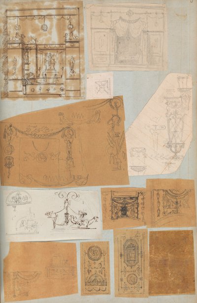 Seite aus einem Sammelalbum mit Zeichnungen und mehreren Architekturabdrücken, ca. 1800-1850. Werkstatt von Charles Percier, Werkstatt von Pierre François Léonard Fontaine von Workshop of Charles Percier, Workshop of Pierre