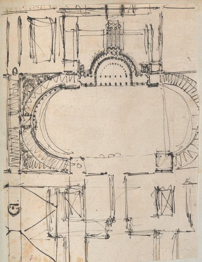 Seite aus einem Sammelalbum mit Zeichnungen und mehreren Drucken von Architektur, ca. 1800-1850. Werkstatt von Charles Percier, Werkstatt von Pierre François Léonard Fontaine von Workshop of Charles Percier, Workshop of Pierre