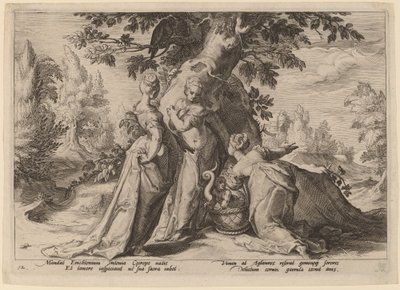 Die Töchter des Cecrops öffnen die von Minerva anvertraute Kiste von Workshop of Hendrick Goltzius, after Hendrick Goltzius