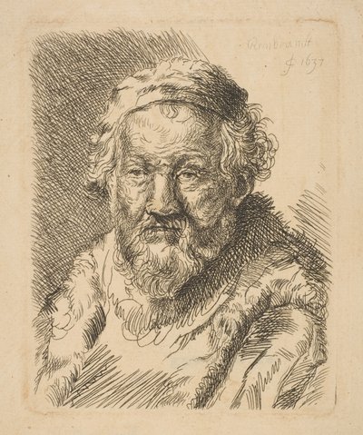Büste eines alten Mannes in einem Mantel mit Pelzkragen von Workshop of Rembrandt
