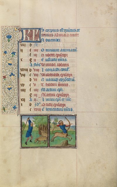 Ein Mann schlägt Eicheln von einem Baum; Tierkreiszeichen Schütze von Workshop of Willem Vrelant