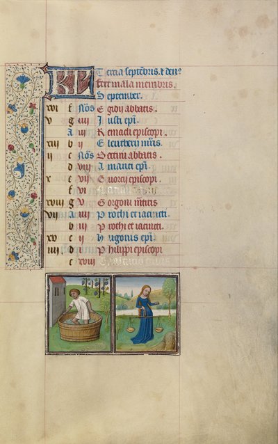 Ein Mann beim Traubenstampfen; Sternzeichen Waage von Workshop of Willem Vrelant