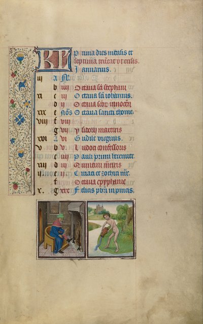 Ein Mann wärmt sich am Feuer; Sternzeichen Wassermann von Workshop of Willem Vrelant