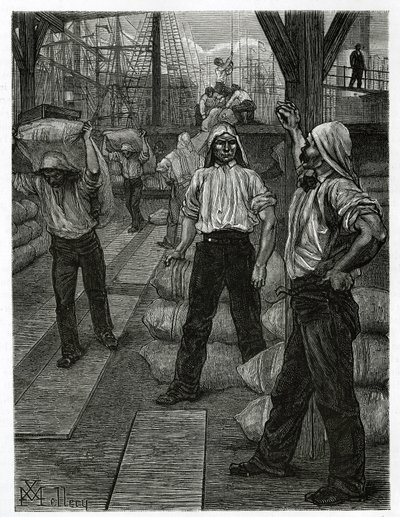Das Entladen eines Schiffes, die Hafenarbeiter mit Teermützen auf dem Kopf stapeln die Waren auf den Docks des Hafens von Antwerpen. Gravur von X. Mellery, zur Illustration der Geschichte Belgien, von Camille Lemonnier, veröffentlicht in Le tour du monde,  von Xavier Mellery