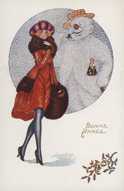 Neujahrskarte mit einem Mädchen und einem Schneemann von Xavier Sager