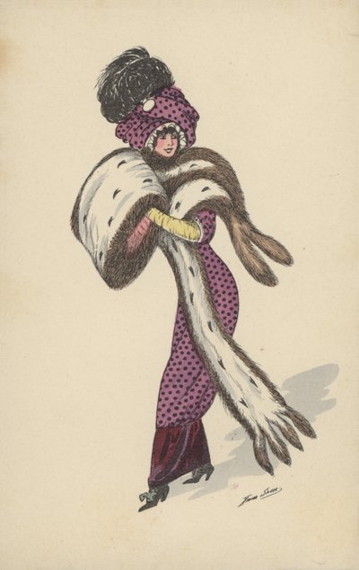 Hübsches Mädchen im lila gepunkteten Kleid mit großem Pelzmuff und Umhang von Xavier Sager