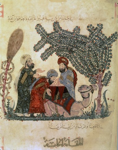 Abu Zayd, Al-Harrith, ein liegendes Kamel und eine Figur von Yahya ibn Mahmud Al Wasiti