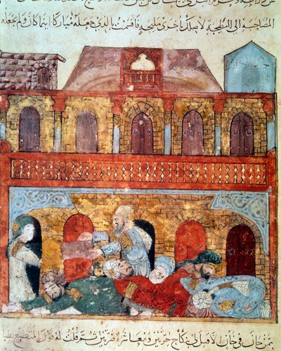 Der vagabundierende Navigator Abu-Zayd und die schlafenden Händler. Miniatur aus den Maqamat (Seances) von Abu Mohammed al-Kasim ibn Ali Hariri (1054-1122) illuminiert von Yahya Mahmud al-Wasiti von Yahya ibn Mahmud Al Wasiti
