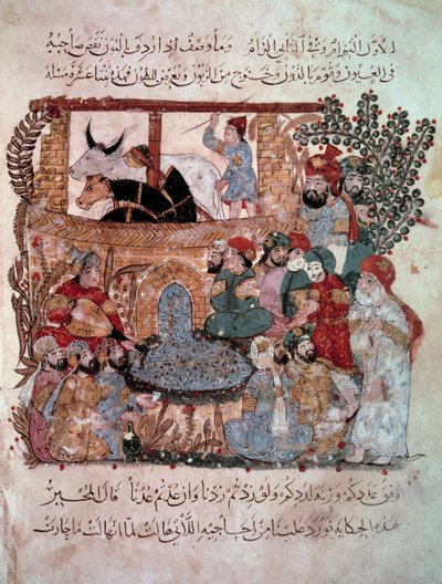 Der wandernde Navigator Abu-Zayd vor seinen Zuhörern aus den „Maqamat“ von Abu Mohammed al-Kasim ibn Ali Hariri, illuminiert von Yahya Mahmud al-Wasiti 1237 von Yahya ibn Mahmud Al Wasiti