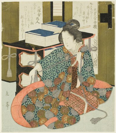 Eine Frau zieht an der Schnur eines rollbaren Bücherregals, aus der Serie "Ein Satz von sieben für den Katsushika-Club" von Yashima Gakutei