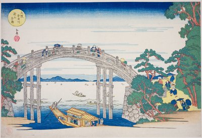 Die Steinbrücke über den Aji-Fluss nahe Nii-Hügel, Osaka, aus der Serie "Berühmte Orte in Osaka: Schöne Ansichten des Berges Tenpo" von Yashima Gakutei
