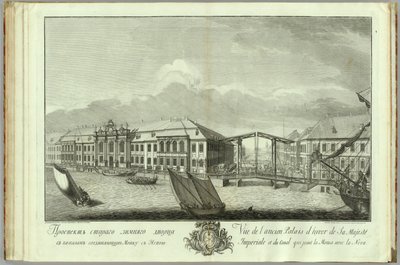Der zweite Winterpalast mit Kanal und Brücke Buch zum 50. Jahrestag der Gründung von St. Petersburg, 1753 von Yefim Grigoryevich Vinogradov