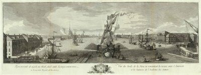 Blick auf die Newa flussabwärts von der Admiralität und der Akademie der Wissenschaften Buch zum 50. Jahrestag von St. Petersburg, 1753 von Yefim Grigoryevich Vinogradov