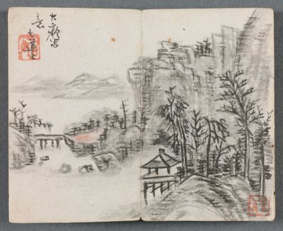 Miniaturalbum mit Figuren und Landschaft (Klippenlandschaft mit Brücke) von Zeng Yandong