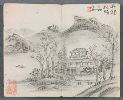 Miniaturalbum mit Figuren und Landschaft Landschaft mit Hügel, Haus, Boot und Brücke, 1822 von Zeng Yangdong