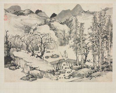 Landschaftsalbum in verschiedenen Stilen: Landschaft mit Künstler auf einer Brücke von Zha Shibiao