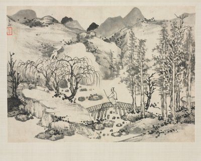 Landschaftsalbum in verschiedenen Stilen: Landschaft mit Künstler auf einer Brücke, 1684 von Zha Shibiao