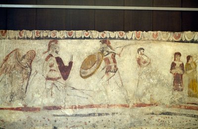 Kampfszene zwischen zwei Kriegern, Fresko aus der Nekropole in Andriuolo-Laghetto in Paestum, Kampanien, Italien, antike griechische Zivilisation, Magna Graecia, 4. Jahrhundert v. Chr. (Foto) von William Walcutt