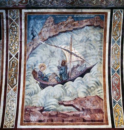 Jesus beruhigt den Sturm, Fresko im Gewölbe der Kirche des Thari-Klosters, Insel Rhodos, Griechenland von Georg Carl Heinrich Dollmann