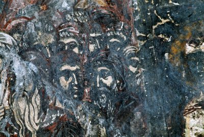 Männliche Figuren, beschädigtes Fresko an der Decke der Kirche Agios Vasileios, Vavouledo, Kreta, Griechenland von Georg Carl Heinrich Dollmann