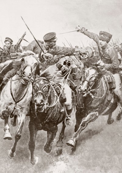 Reiterkampf zwischen russischen Kosaken und deutscher Kavallerie, bekannt als die Husaren des Todes in Schwansfeld, zwischen Korschen und Bartenstein, Ostpreußen, August 1914 während des Ersten Weltkriegs, aus La Esfera von Ferdinand Georg Waldmuller