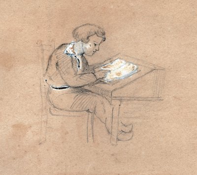 Schuljunge bei der Arbeit an seinem Schreibtisch (Illustration) von . .
