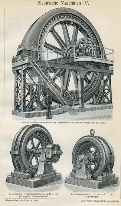 Wissenschafts- und Technologiebrett, das industrielle Elektromaschinen mit Drehstrom darstellt. Illustration aus Meyers Großes Konversations-Lexikon, 1904. Bibliographisches Institut, Leipzig und Wien von Ferdinand Georg Waldmuller