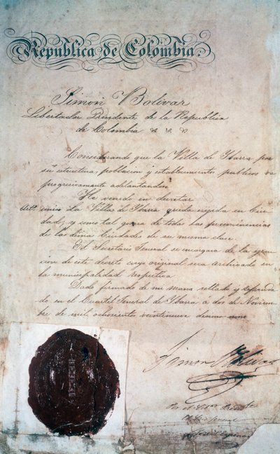 Der Akt, durch den Simon Bolivar die Stadt San Miguel de Ibarra zur Hauptstadt der umliegenden Provinz erklärte, damals Teil von Großkolumbien (heute Ecuador), 2. November von Georg Carl Heinrich Dollmann