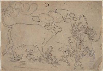 Durga konfrontiert den Büffeldämon Mahisha: Szene aus dem Devi Mahatmya von a first generation master after Nainsukh