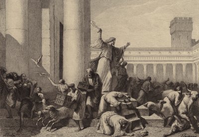 Jesus vertreibt die Geldwechsler aus dem Tempel von after Albert Robida