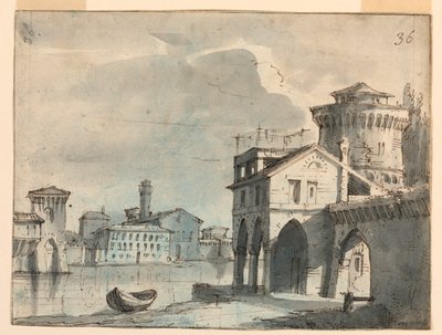 Bühnenbild, Gebäude am Flussufer von after Alessandro Sanquirico