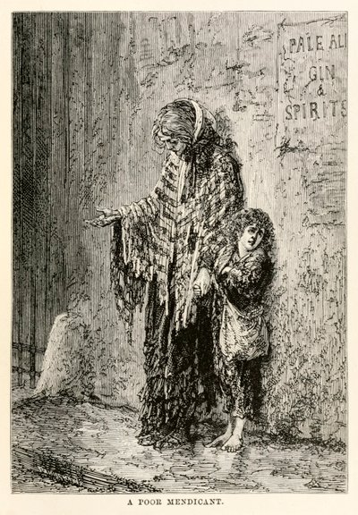 Ein armer Bettler, aus In 80 Tagen um die Welt von Jules Verne, graviert von Louis Dumont, 1873 von after Alphonse Marie de Neuville
