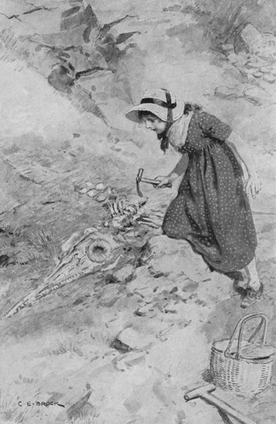 In Lyme Regis, Mary Anning, 12 Jahre alt, entdeckt den ersten Ichthyosaurus in England von after Charles Edmund Brock