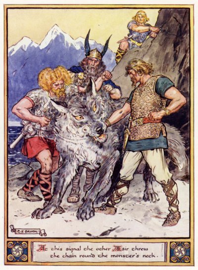 Auf dieses Signal hin warfen die anderen Aesir die Kette um den Hals des Monsters von after Charles Edmund Brock