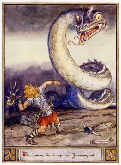 Thor trat gegen Jormungand an von after Charles Edmund Brock