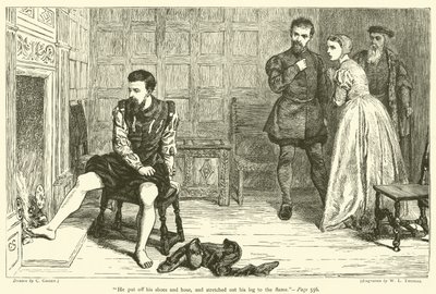 Er zog seine Schuhe und Strümpfe aus und streckte sein Bein zur Flamme von after Charles Green