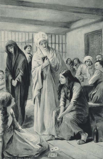 Elizabeth Fry geht frei in und aus den Verliesen von Newgate von after Charles Mills Sheldon