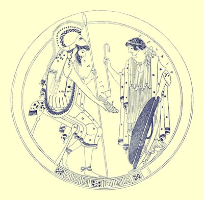 Ein sitzender Krieger hält seinen Weinkelch, Illustration aus Griechische Vasenmalereien von J. E. Harrison und D. S. MacColl, veröffentlicht 1894 von after English School
