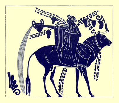 Dionysos reitet auf einem Stier, Illustration aus Griechische Vasenmalereien von J. E. Harrison und D. S. MacColl, veröffentlicht 1894 von after English School