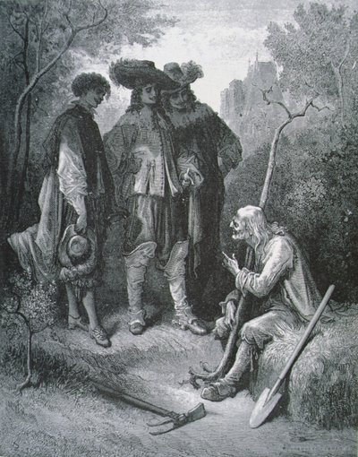 Illustration für Der alte Mann und die drei jungen Männer, aus Fabeln von Jean de La Fontaine von Gustave after Dore