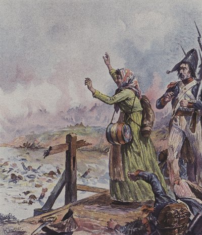 Eine französische Kantiniere sieht ihren Mann unter einer Gruppe ertrinkender Soldaten in der Schlacht von Arcole, Italien, 1796 von after Henri Georges Jacques Chartier
