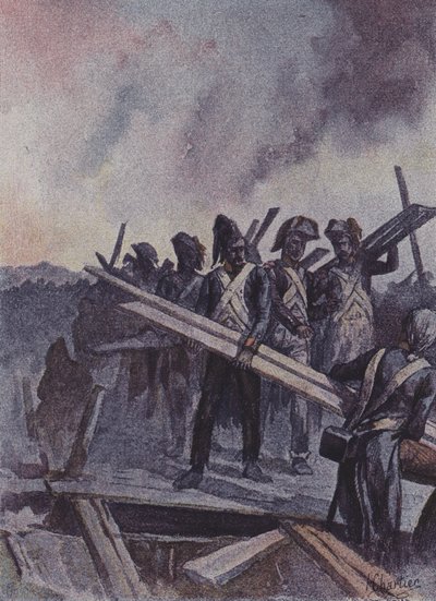 Französische Soldaten bauen eine Pontonbrücke in der Schlacht von Arcole, Italien, 1796 von after Henri Georges Jacques Chartier