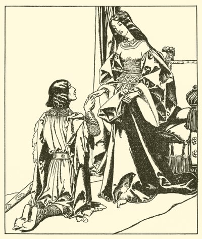 Sir Launcelot begrüßt Königin Guinevere von after Howard Pyle