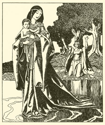 Die Dame Nymue trägt Launcelot in den See von after Howard Pyle