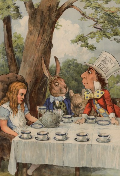 Poster, das die Teeparty des verrückten Hutmachers aus Alice im Wunderland darstellt von after John Tenniel
