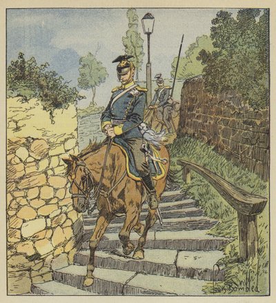 In Châteaudun, Zwei Ulanen reiten die 200 Stufen der Steintreppe hinunter, verfolgt von after Louis Charles Bombled