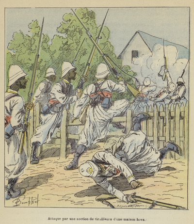 Angriff einer Scharfschützeneinheit auf ein Hova-Haus von after Louis Charles Bombled