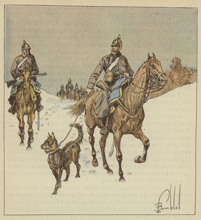 Preußische Kavalleristen auf Erkundung, begleitet von angeleinten Hunden von after Louis Charles Bombled