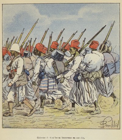 Kolonne marschierender Haussa-Schützen von after Louis Charles Bombled